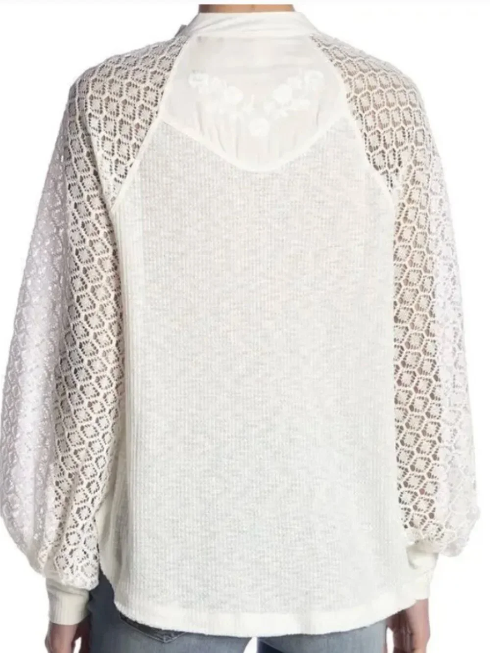 Free People Sweetest Thing Top S Ivory Lace Sleeve Thermal Knit Boho Romantic